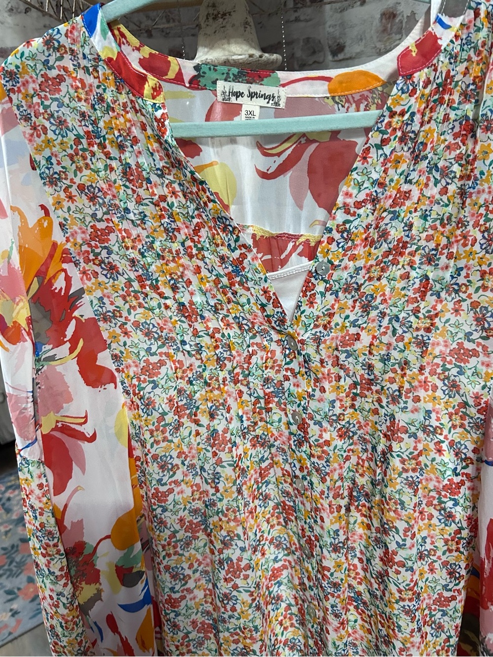 Floral Mixed-Print V-Neck Blouse — Coral Multicolor